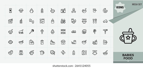 Babies Food line icon set. Minimal thin line web icons set. Featuring milk, babies product, feed, feeding, cereal, nourishment. Editable vector art and illustration. Babies Product modern icon set.