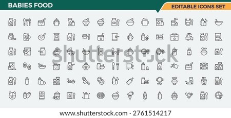 Babies Food line icon set. Minimal linear icons. Vector artwork and illustration. Babies Product icon. Featuring nutrition, milk, nourishment, child, baby, food and more.