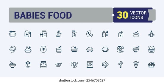 Babies Food line web icon set. Featuring healthy, isolated, food, pack, child, element, milk and more. Thin linear style icons. Editable vector outline and solid icons.