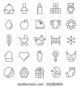Babies (girl and boy) things outline cute icons vector set. Modern minimalistic design.