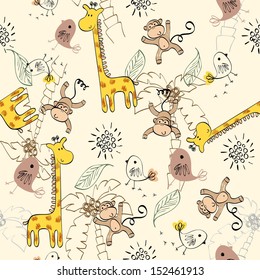 babies hand draw seamless pattern with animals