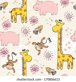 babies hand draw seamless pattern with animals