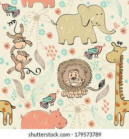 babies hand draw seamless pattern with animals