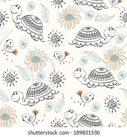 babies hand draw seamless pattern with turtle
