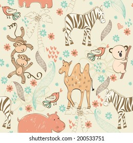 babies hand draw seamless pattern with animals