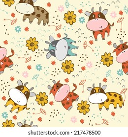 babies hand draw seamless pattern with cows