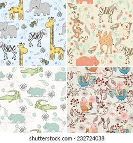 babies hand draw seamless pattern with animals