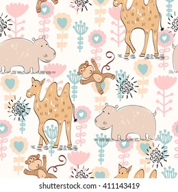 babies hand draw seamless pattern with animals