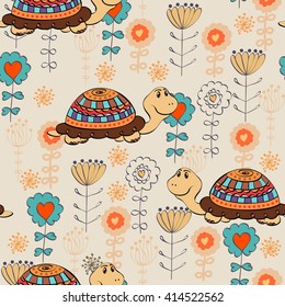 babies hand draw seamless pattern with turtle