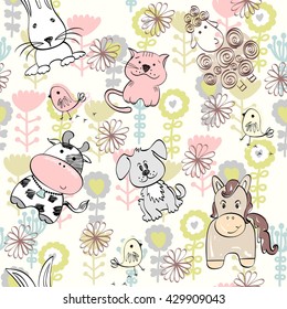 babies hand draw seamless pattern with farm animals