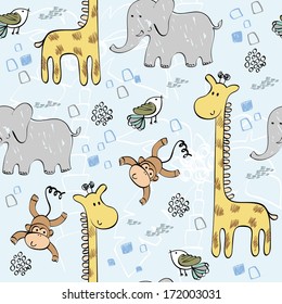 babies hand drawn seamless pattern with animals