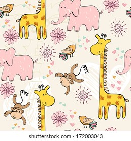 babies hand drawn seamless pattern with animals