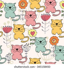 babies hand drawn seamless pattern with cats