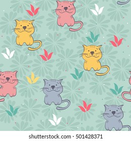 babies hand drawn seamless pattern with cats