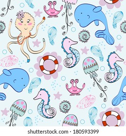 Babies  hand-drawn sea seamless pattern. Sea background