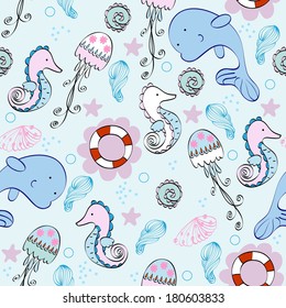 Babies  hand-drawn sea seamless pattern. Sea background