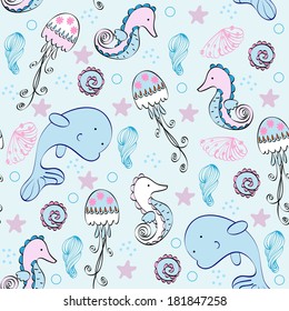 Babies  hand-drawn sea seamless pattern. Sea background