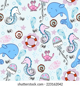Babies  hand-drawn sea seamless pattern. Sea background