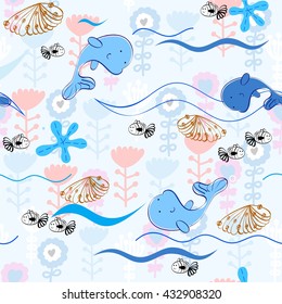 Babies hand-drawn sea seamless pattern. Sea background