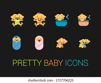 Babies icon collection. Image of baby with a pacifier, in the bathroom, sitting and on all fours.