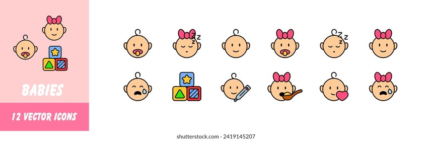 Juego de iconos para bebés. Colección de bebés. Estilo plano. Iconos del vector