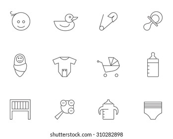 Babies icons in thin outlines. Diaper, toys, milk bottles