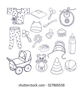 Babies icons,bottle with a soother,spoon,pacifier,rattles,roly-poly bear,pyramid,stroller, romper suit,baby's loose jacket,bib,coif with frill,cap with ears,booties on the feet,diaper.Sketch style.