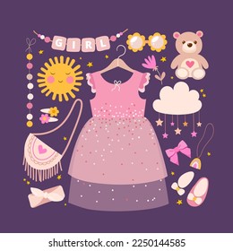 Icono de artículos para bebés con ropa linda, juguetes y accesorios diferentes