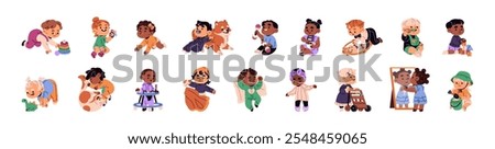 Babies life set. Diverse cute infants play with toys, sleep. Amusing little children with diaper, pacifier have fun. Kids rest, crawling, walk with walker. Flat isolated vector illustration on white