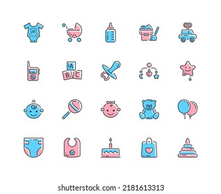 Babies line icon set. Baby toys, feeding and care elements. Gender party icons concept. Outline child icon. Vector illustration