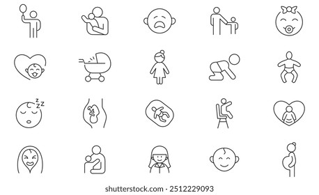 Babies and motherhood line icon collection. Pregnancy, pregnant, mom, mother, prenatal care, kid, children, parenthood, baby, children, family, child care, gynecology icon set. UI outline icon pack