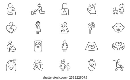 Babies and motherhood line icon collection. Pregnancy, pregnant, mom, mother, prenatal care, kid, children, parenthood, baby, children, family, child care, gynecology icon set. UI outline icon pack