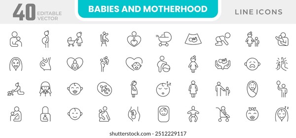 Babies and motherhood line icon collection. Pregnancy, pregnant, mom, mother, prenatal care, kid, children, parenthood, baby, children, family, child care, gynecology icon set. UI outline icon pack