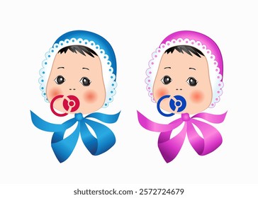 Babies with pacifier on white background. Boy and girl. Vector art illustration