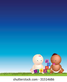 babies play on grass with big background of empty sky