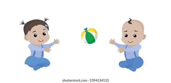 Los bebés están jugando con la pelota. Lactantes. Ilustración plana vectorial. Dibujo diseñado por personas. Adecuado para la animación, usando en la web, aplicaciones, libros, proyectos educativos