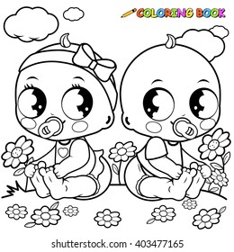 Babies playing in the garden. Vector black and white coloring page.