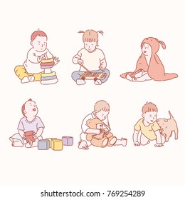 babies playing various games. hand drawn style vector doodle design illustrations.