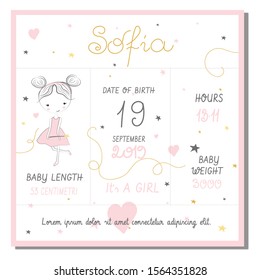 Babies posters, height, weight, date of birth. Vector Illustration newborn metric for children bedroom.