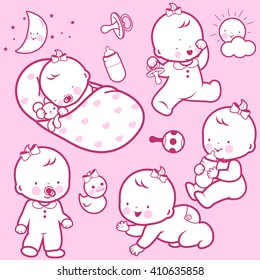Babies sleeping, playing, walking, drinking milk, and crawling. Vector illustration