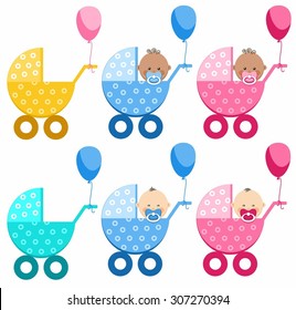 Babies in strollers, different, boy, girl, South Asia, Africa. In blue and pink strollers sit babies, boys and girls with nipples. To the handles of the wheelchair tied balloons. 