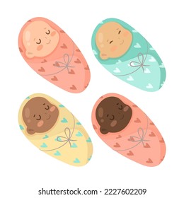 Babies swaddled in colorful blankets vector set. Cartoon illustrations of smiling multiracial babies wrapped in colorful blankets isolated on white background. Infant, childhood concept.