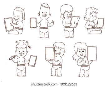 Babies with a tablet, line art, set, vector