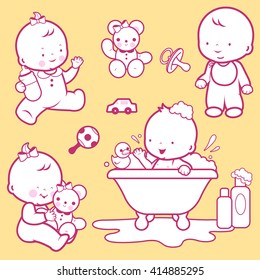 Babies taking a bath, playing, walking and drinking milk. Vector illustration