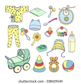 Babies things and toys,bottle with a soother,spoon,pacifier,rattles,roly-poly bear,pyramid,stroller, romper suit,baby's loose jacket,bib,coif with frill,cap with ears,booties on the feet,diaper.