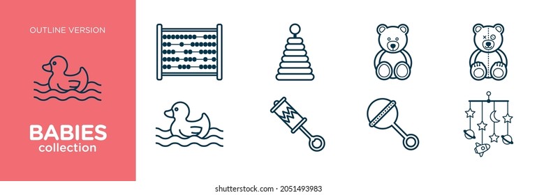 Babies and Toys icons. Color and outline version