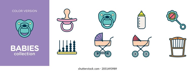 Babies and Toys icons. Color and outline version