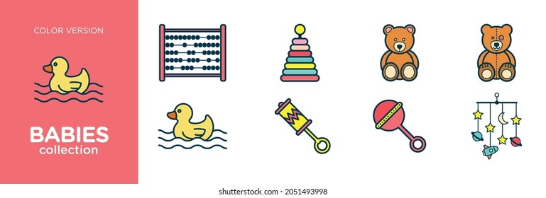 Babies and Toys icons. Color and outline version