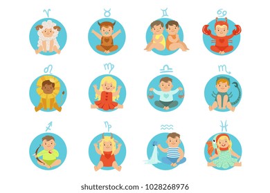 Babies In Twelve Zodiac Signs Costumes Sitting And Smiling Dressed As Horoscope Symbols