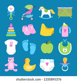 Babies vector set. Toys, clothes and diapers icons. Toddler and newborn toy, teddy bear and pacifier illustration